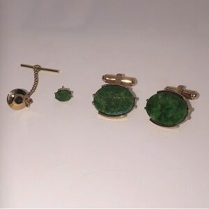 Vtg Senator Sherman Real Jade Stone Gold Tone Cufflinks & Tie Tack Set